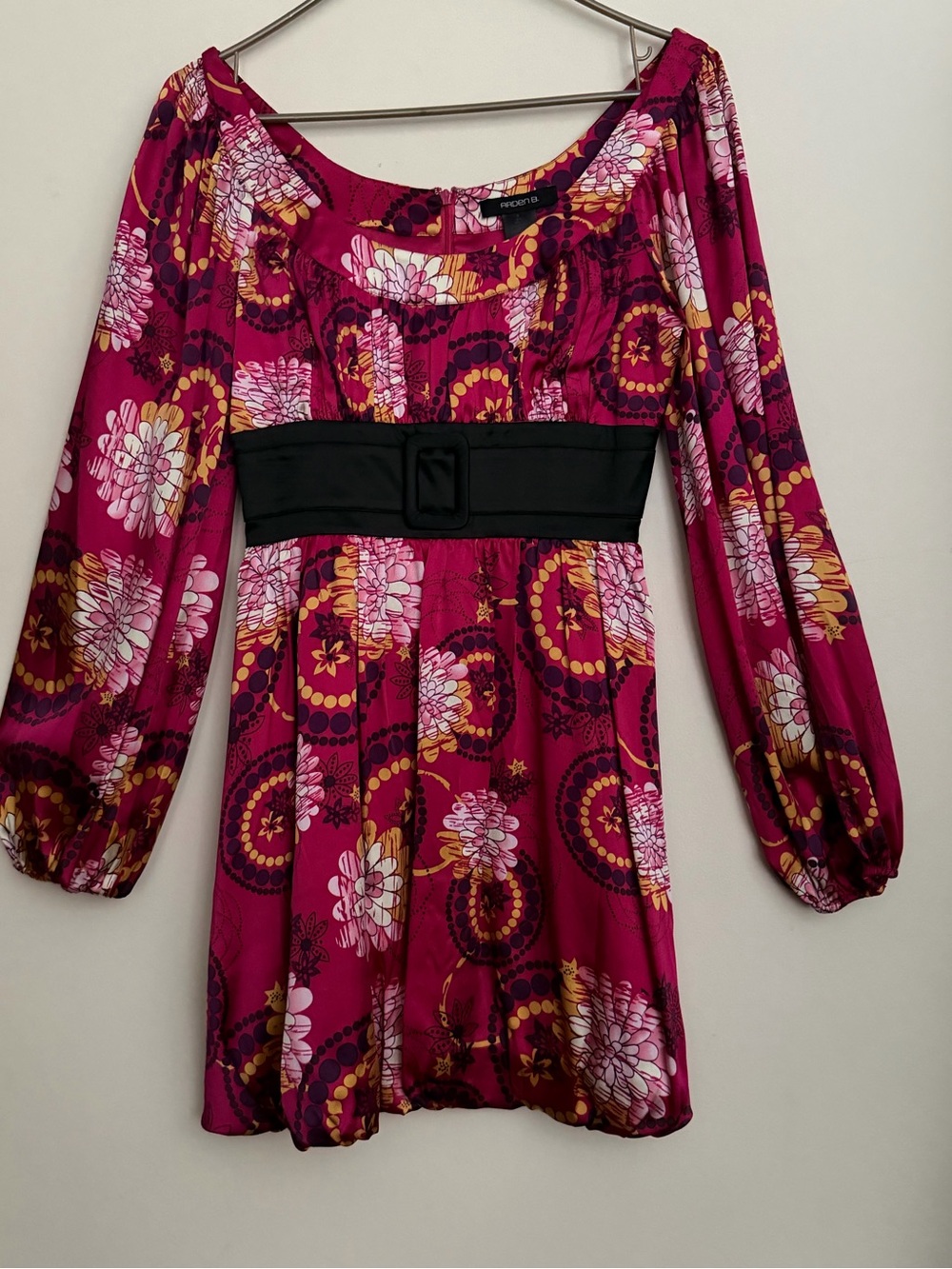 Arden B Magenta Floral Long-Sleeve Belted Dress